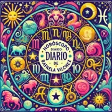 Horóscopo Diario - Predicciones Astrológicas por Rafaela Vilchez Ilustración vibrante de signos zodiacales con una figura femenina en el centro y el texto "Horóscopo Diario - Rafaela Vilchez".